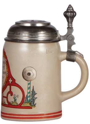 Stoneware stein, .5L, transfer & hand-painted, design by F. Ringer, pewter lid, mint. - 2