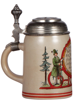 Stoneware stein, .5L, transfer & hand-painted, design by F. Ringer, pewter lid, mint. - 3