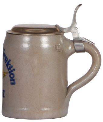 Stoneware stein, .3L, transfer, Eisenbahn-Direktion Mainz, metal lid, very good pewter strap repair, body mint. - 2