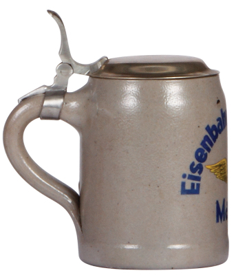 Stoneware stein, .3L, transfer, Eisenbahn-Direktion Mainz, metal lid, very good pewter strap repair, body mint. - 3