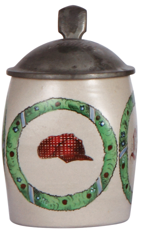 Stoneware stein, .5L, transfer & hand-painted, marked 1741, Golf Cap, Good Look, pewter lid, mint.