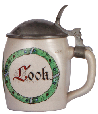 Stoneware stein, .5L, transfer & hand-painted, marked 1741, Golf Cap, Good Look, pewter lid, mint. - 2