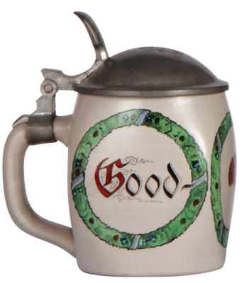 Stoneware stein, .5L, transfer & hand-painted, marked 1741, Golf Cap, Good Look, pewter lid, mint. - 3