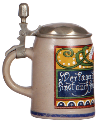 Stoneware stein, .5L, transfer & hand-painted, marked Marzi & Remy, signed F. Ringer, pewter lid, mint. - 3