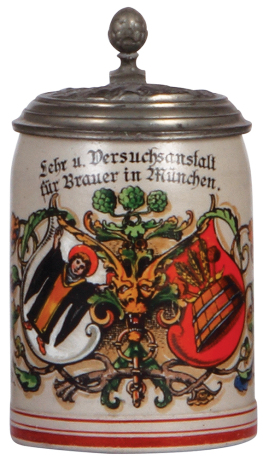 Stoneware stein, .5L, transfer & enameled, Lehr u. Versuchsanstalt für Brauer in München, 1909, roster, relief pewter lid: Munich scene, tear at rear of lid repaired & missing center hinge ring, body mint.