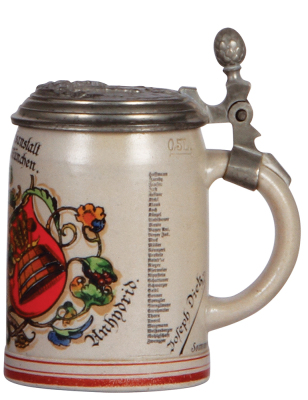 Stoneware stein, .5L, transfer & enameled, Lehr u. Versuchsanstalt für Brauer in München, 1909, roster, relief pewter lid: Munich scene, tear at rear of lid repaired & missing center hinge ring, body mint. - 2