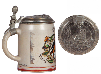 Stoneware stein, .5L, transfer & enameled, Lehr u. Versuchsanstalt für Brauer in München, 1909, roster, relief pewter lid: Munich scene, tear at rear of lid repaired & missing center hinge ring, body mint. - 3