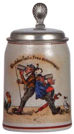 Stoneware stein, .5L, transfer & hand-painted, Wir stehen fest u. treu zusammen!, pewter lid, mint.