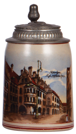 Stoneware stein, .5L, transfer & hand-painted, München Kgl. Hofbräuhaus, relief pewter lid: Gruss aus München, pewter tear repaired, body mint.