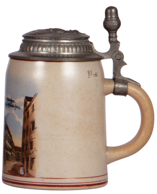 Stoneware stein, .5L, transfer & hand-painted, München Kgl. Hofbräuhaus, relief pewter lid: Gruss aus München, pewter tear repaired, body mint. - 2