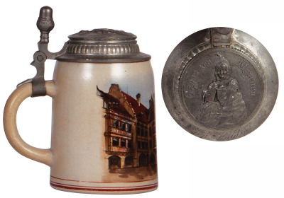 Stoneware stein, .5L, transfer & hand-painted, München Kgl. Hofbräuhaus, relief pewter lid: Gruss aus München, pewter tear repaired, body mint. - 3