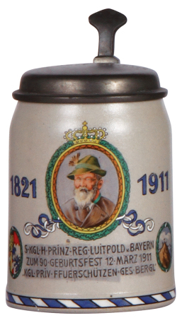 Stoneware stein, .5L, transfer & hand-painted, Luitpold Prinz - Regent von Bayern, 12. März, 1911, 1821 - 1911, pewter lid, mint.