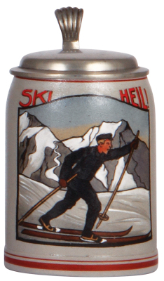 Stoneware stein, .5L, transfer & hand-painted, marked Marzi & Remy, Ski Heil!, pewter lid, mint.