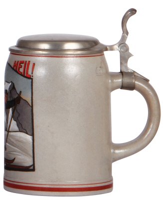 Stoneware stein, .5L, transfer & hand-painted, marked Marzi & Remy, Ski Heil!, pewter lid, mint. - 2