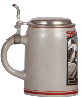 Stoneware stein, .5L, transfer & hand-painted, marked Marzi & Remy, Ski Heil!, pewter lid, mint. - 3