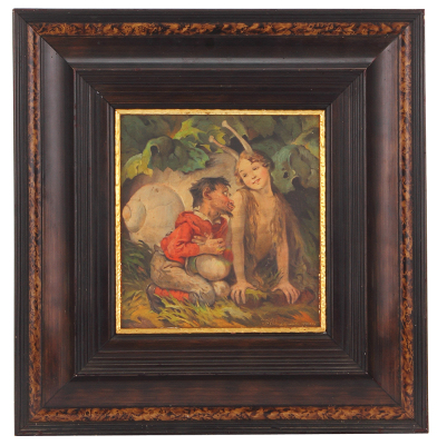 Andreas Untersberger painting, 7.0'' x 7.8'', 14.0'' x 14.8'' with frame, oil on board, signed Andreas Untersberger, Mchn. [München], early 1900s, fantasy scene of a man with a femaile snail, excellent condition.