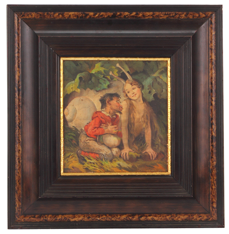 Andreas Untersberger painting, 7.0'' x 7.8'', 14.0'' x 14.8'' with frame, oil on board, signed Andreas Untersberger, Mchn. [München], early 1900s, fantasy scene of a man with a femaile snail, excellent condition.