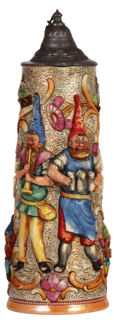 Pottery stein, 2.0L, 14.1" ht., relief, 810, by Diesinger, pewter lid, chip on relief, pewter dented.