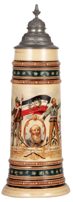 Pottery stein, 3.0L, 18.5" ht., etched & hand-painted, marked 970, R.M., 4F, pewter lid, gold bands worn, otherwise mint. 