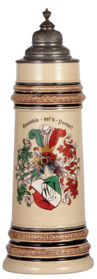 Pottery stein, 3.0L, 17.5" ht., handpainted, marked Gerz, 989, c.1900, Concordia sei's Panier!, dedication engraved on pewter rim, pewter rim slightly bent, otherwise mint.