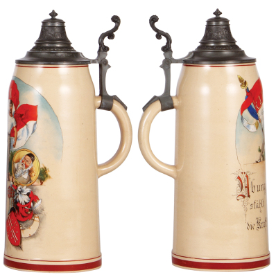 Pottery stein, 4.0L, 15.5" ht., transfer & hand-painted, Gut Heil, 4F, pewter lid, mint.  - 2