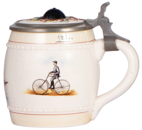 Pottery stein, .5L, transfer & hand-painted, marked T. & H.C., All Heil!, high-wheel & safety bicycles, inlaid lid with figural cap, mint.