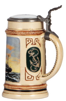 Pottery stein, .5L, transfer & hand-painted, marked Emil Sahm, Grenzhausen, ship, porcelain inlaid lid of ships flag, inlay is worn, body mint. - 2