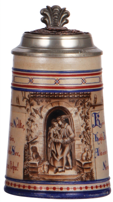 Stoneware stein, .5L, hand-painted, marked 3, by Saetzer, pewter lid with intricate relief, minor wear to base, small flake on upper rim.