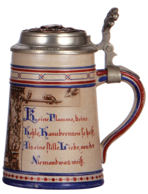 Stoneware stein, .5L, hand-painted, marked 3, by Saetzer, pewter lid with intricate relief, minor wear to base, small flake on upper rim. - 2