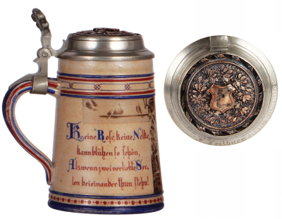 Stoneware stein, .5L, hand-painted, marked 3, by Saetzer, pewter lid with intricate relief, minor wear to base, small flake on upper rim. - 3