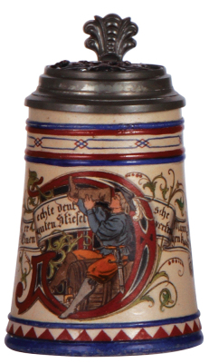 Stoneware stein,.5L, marked Saeltzer, hand-painted, copper inlaid lid, tight hairline in rear.