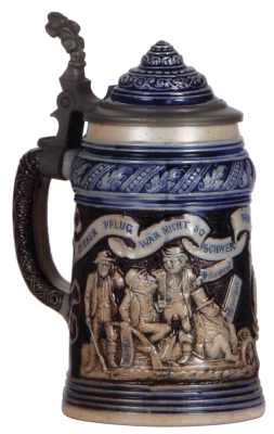 Stoneware stein, .5L, relief, blue and purple saltglazes, Anti-Semitic, Dieser Pflug wär nicht so schwer wenn Levy, Cohn und Schmul nicht wär, inlaid lid, rare to find with an inlaid lid, mint.