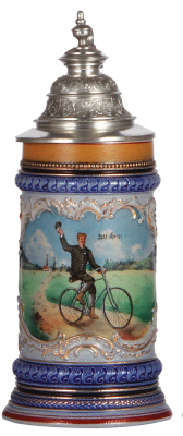 Stoneware stein, .5L, transfer & hand-painted, marked 174, bicycle rider, pewter lid, 1" chip on handle.