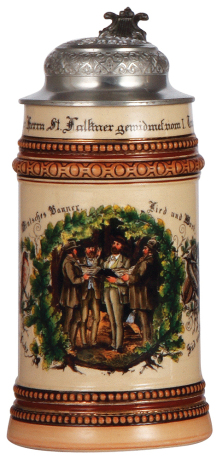 Pottery stein, 1.0L, transfer & hand-painted, marked M. & W. Gr., Dem Jubilar Herrn St. Falkner gewidmet vom I. Tenor, relief pewter lid: Hoch deutscher Sang!, missing center hinge ring, body mint. 