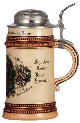 Pottery stein, 1.0L, transfer & hand-painted, marked M. & W. Gr., Dem Jubilar Herrn St. Falkner gewidmet vom I. Tenor, relief pewter lid: Hoch deutscher Sang!, missing center hinge ring, body mint.  - 2