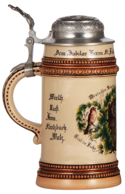 Pottery stein, 1.0L, transfer & hand-painted, marked M. & W. Gr., Dem Jubilar Herrn St. Falkner gewidmet vom I. Tenor, relief pewter lid: Hoch deutscher Sang!, missing center hinge ring, body mint.  - 3