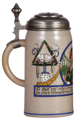 Stoneware stein, 1.0L, transfer & hand-painted, by F. Ringer, pewter lid with relief clover, mint. - 3