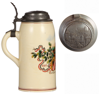 Pottery stein, 1.0L, transfer & hand-painted, marked L. Ostermayr, X. Deutsches Turnfest in Nürnberg, 1903, relief pewter lid: Nürnberg scene, a couple of flakes on base.  - 3