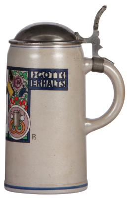 Stoneware stein, 1.0 L, transfer & hand-painted, by F. Ringer, Brewer Occupation, pewter lid, mint. - 2