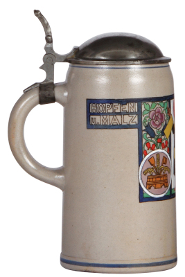 Stoneware stein, 1.0 L, transfer & hand-painted, by F. Ringer, Brewer Occupation, pewter lid, mint. - 3