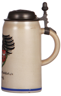 Stoneware stein, 1.0L, transfer & hand-painted, XI. Deutsches Turnfest, 1908. Frankfurt a./M., by F. Ringer, relief pewter lid: Frankfurt scene, mint.  - 2