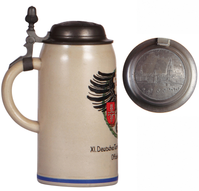 Stoneware stein, 1.0L, transfer & hand-painted, XI. Deutsches Turnfest, 1908. Frankfurt a./M., by F. Ringer, relief pewter lid: Frankfurt scene, mint.  - 3