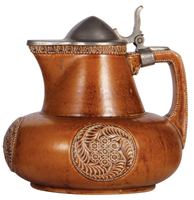 Stoneware stein, 8.4'' ht., relief, marked 2213, made by Reinhold Merkelbach, marked Muller, brown saltglaze, Art Nouveau, pewter lid, slight pewter tear & damaged but working hinge, body mint.