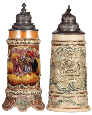 Two pottery steins, .5L, relief, by Diesinger, 592, pewter lid, mint; with, .5L, relief, 200, pewter lid, faint firing line on base under handle.