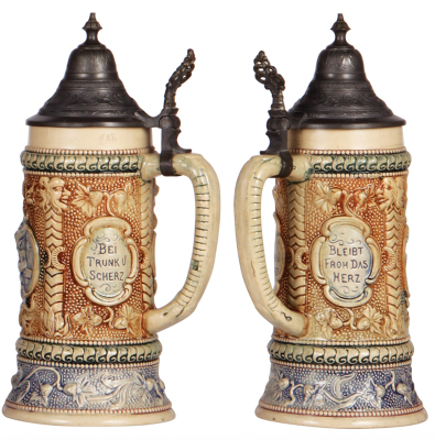 Two pottery steins, .5L, relief, by Diesinger, no number, pewter lid is dented; with, .5L, relief, 649, pewter lid, base chip. - 3