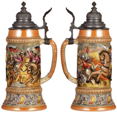 Two pottery steins, .5L, relief, by Diesinger, 67, pewter lid, mint; with, 1.0L, relief, 192, pewter lid is dented, browning. - 2