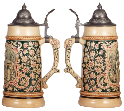 Two pottery steins, .5L, relief, by Diesinger, 67, pewter lid, mint; with, 1.0L, relief, 192, pewter lid is dented, browning. - 3