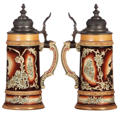 Two pottery steins, .5L, threading, by Diesinger, no number, pewter lid, pewter strap repaired, browning; with, .5L, relief, 200, pewter lid, pewter tear. - 2