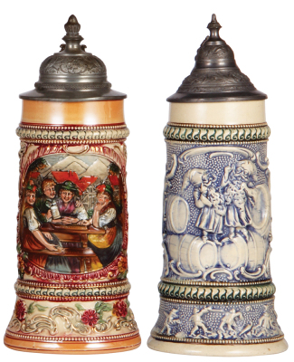 Two pottery steins, .5L, relief, by Diesinger, 38, pewter lid, mint; with, .5L, relief, 592, pewter lid, minor pewter tear, otherwise mint.