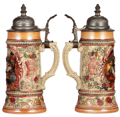 Two pottery steins, .5L, relief, by Diesinger, 38, pewter lid, mint; with, .5L, relief, 592, pewter lid, minor pewter tear, otherwise mint. - 2